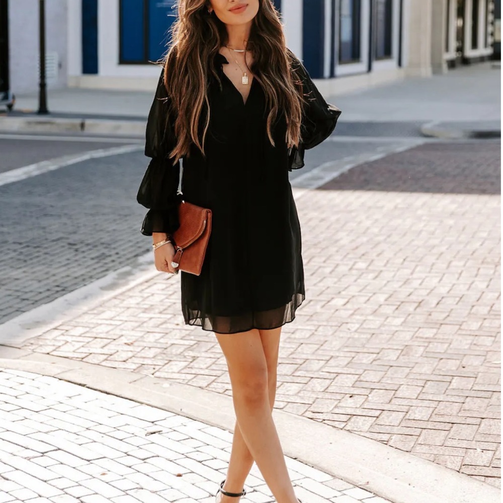 Olivaceous Babydoll Dress Puffed Sleeve Lined Black Small